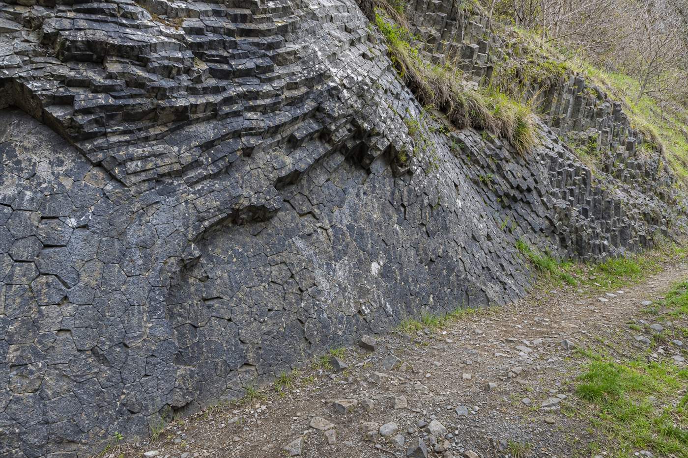 Dunkle Basaltschichten und Gesteinsstrukturen an einem Hang der Eifel